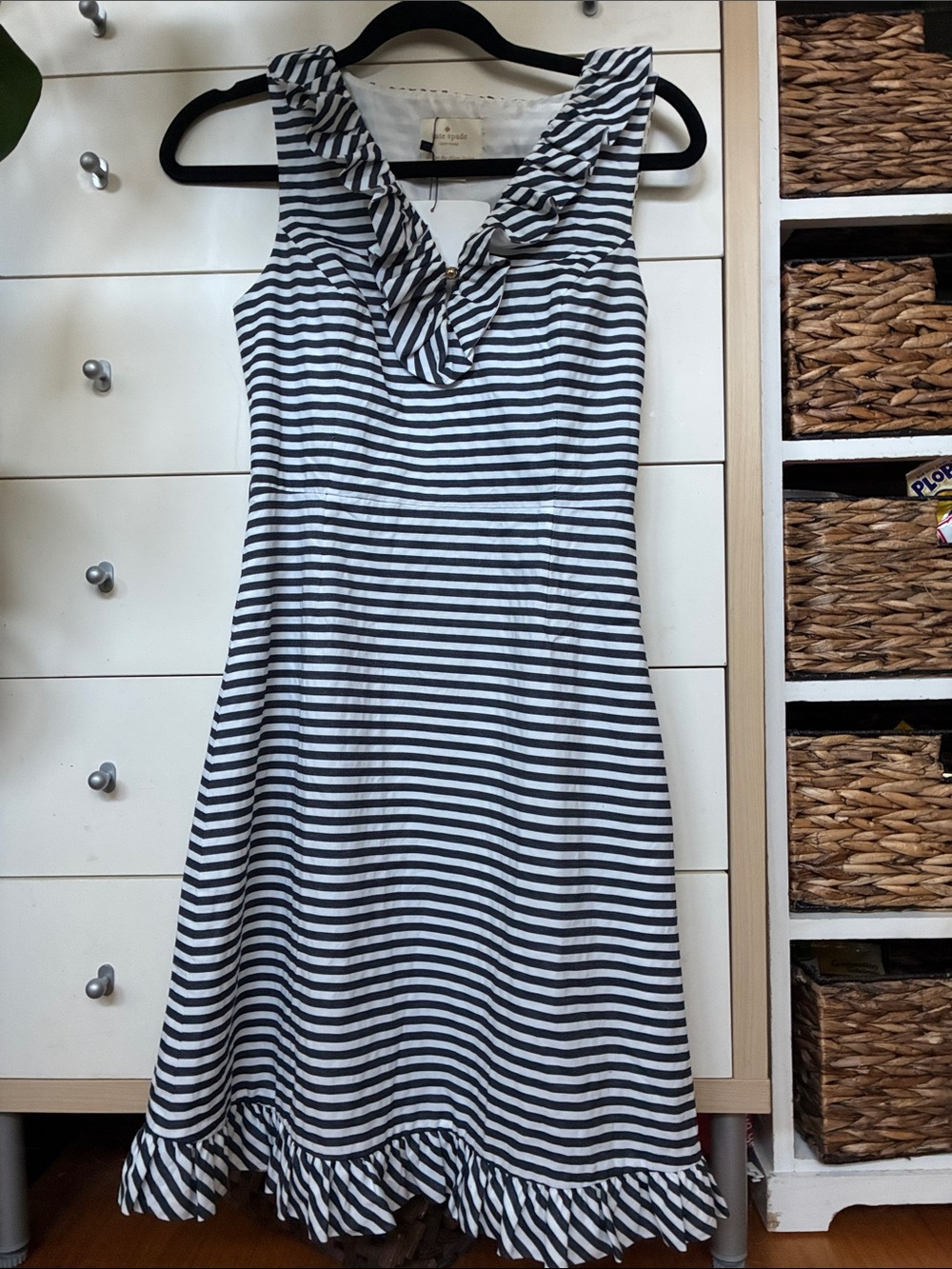 Kate Spade Blue & White Striped Ruffle-Trim Midi Dress, Sz:0.